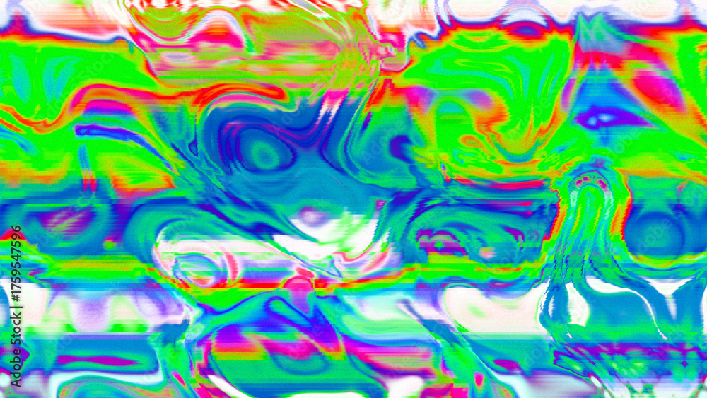 Fototapeta premium Abstract psychedelic glitch waves with neon colors, distorted digital fluid texture and VHS scanline effect