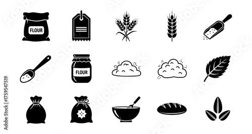 Bakery and farming elements in black and white silhouette style for flour and wheat production