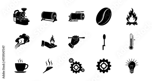 Coffee and innovation icons: brewing equipment and ideas in minimalist silhouette style