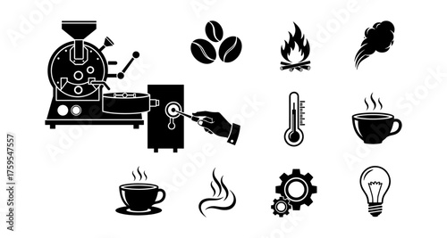 Coffee roasting icons set: silhouette designs of equipment, beans, and brewing elements