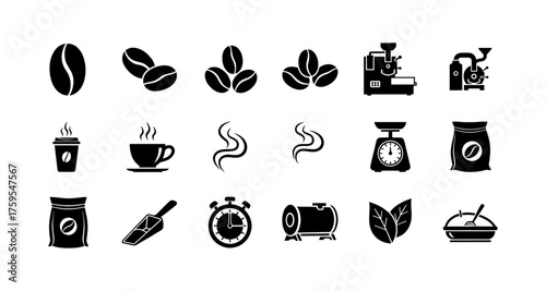 Coffee elements set: beans, machines, cups, and more in silhouette style