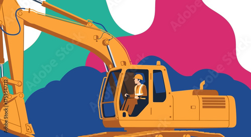 Construction worker operates a large yellow excavator at a vibrant job site symbolizing industry and development