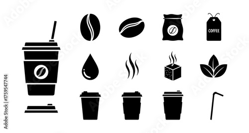 Coffee silhouettes set: cup, beans, and iconic elements for cafe branding