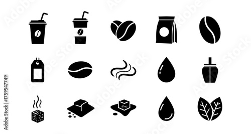 Coffee silhouette icons: cups, beans, leaves, steam, drops