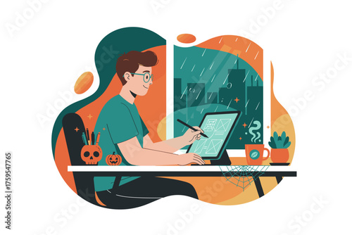 Creative designer working from home on a rainy day enjoying a cozy autumn and Halloween atmosphere