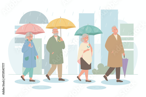 Happy seniors walk with umbrellas in city rain enjoying an active social lifestyle