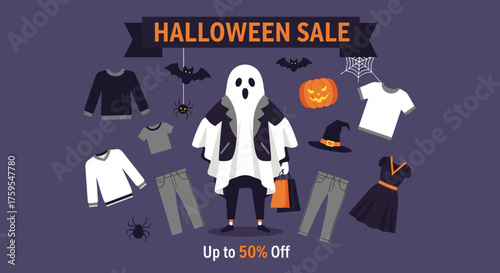 Festive Halloween sale illustration with a ghost shopper clothing and holiday elements Perfect for seasonal promotions and discounts