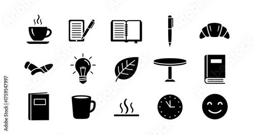 Essential office and coffee icons in modern black silhouette style for everyday use