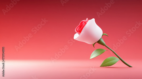 White and red rose flower with green leaves on soft pink background, symbolizing love and romance with delicate beauty