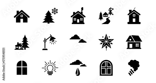 Winter holiday icons set: silhouette homes, trees, and festive symbols