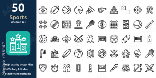 Sports icon set in Outline style. Minimilist and trendy Icon set. Containing Icons,Medical kit , Rugby , Basketball , Bowling ball , Shuttlecock , Whistle ,and so on.