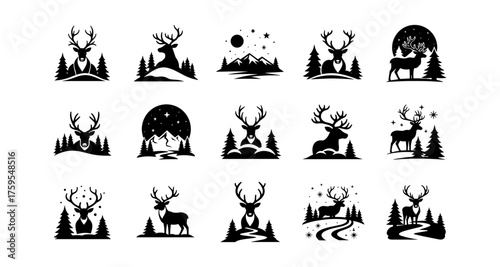 Silhouette deer and nature scenes: winter and forest wildlife designs