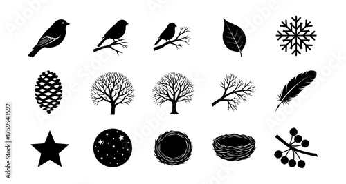 Nature silhouette icons: birds, trees, and seasonal symbols