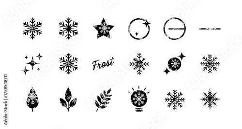 Distressed winter icons collection: snowflakes, leaves, stars, frost elements