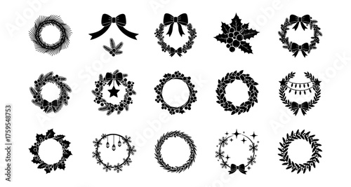 Elegant christmas wreath silhouettes with festive decorations and bows