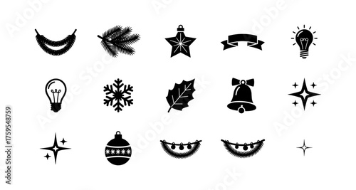 Festive holiday icons collection with classic silhouette style for seasonal design