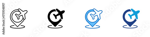 Airport Location Multiple Style Icon Design Vector - Airplane symbol inside a map marker representing airport or travel destination