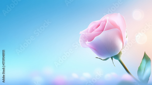 Soft pink rose flower with green leaf and stem on blue sky background with sunlight and bokeh, romantic and delicate nature beauty