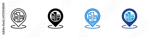 City Location Multiple Style Icon Design Vector - City building inside a location marker representing urban navigation or business address