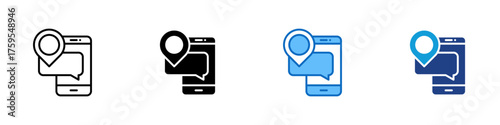 Chat Location Multiple Style Icon Design Vector - Map pin with a chat bubble on a smartphone, representing communication or messaging about a location