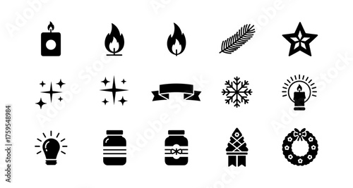 Minimalist icon set: fire, light bulb, and seasonal symbols in silhouette style