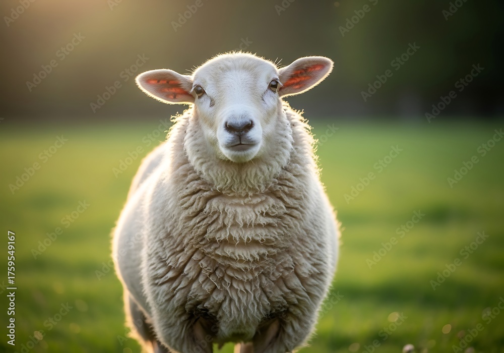 Fototapeta premium A fluffy white sheep stands in a green field, looking directly at the camera with soft sunlight illuminating its wool.