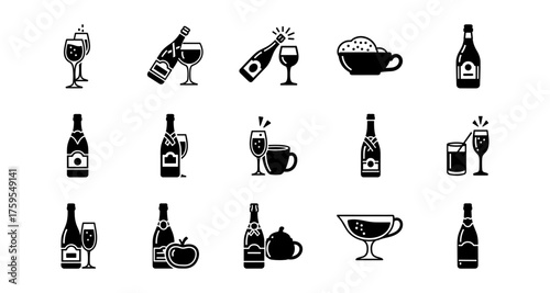 Collection of beverage icons featuring sparkling wine, coffee, and juice in silhouette style