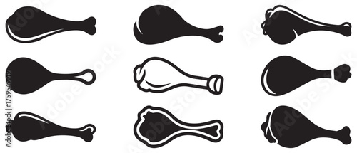 Nine distinct black chicken leg illustrations form a pattern against a white background