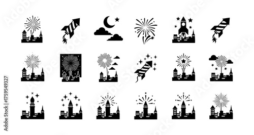 Silhouette fireworks and cityscape scenes with rockets and night sky elements