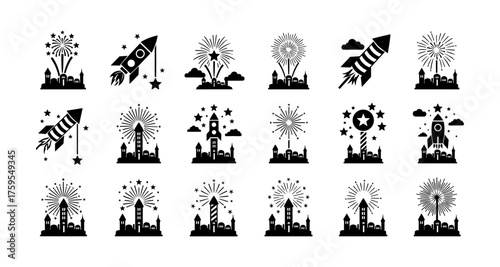 Festive rocket and fireworks silhouettes for celebration and independence day themes