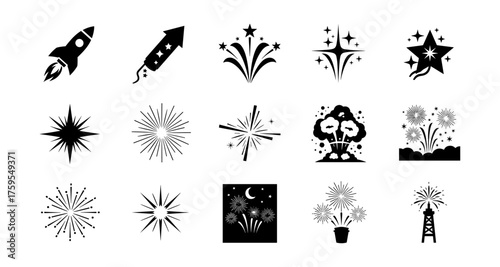 Black and white fireworks and rockets icons set for celebrations and events