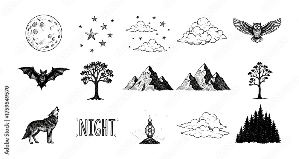 Naklejka premium Hand drawn nighttime nature elements with moon, stars, and wildlife in vintage style