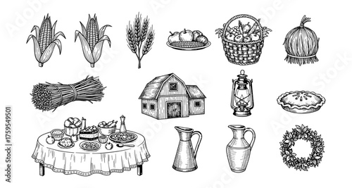 Rustic harvest collection: sketch style farmhouse elements and produce