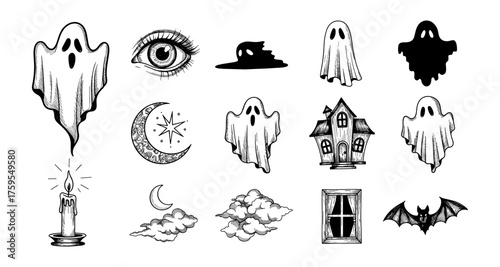 Spooky halloween doodles: ghosts, haunted house, creepy eye, and eerie elements
