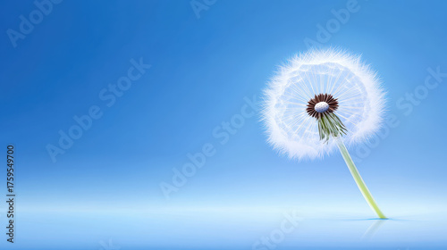Dandelion seed head with delicate white fluff against clear blue sky, evoking calm and natural beauty in minimalistic setting