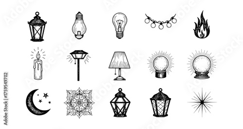 Vintage hand-drawn lighting and celestial elements collection