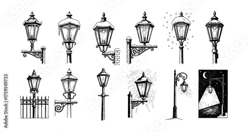 Vintage street lamps hand drawn collection in black ink style