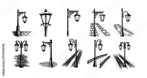 Set of vintage street lamps with hand-drawn style perfect for urban design