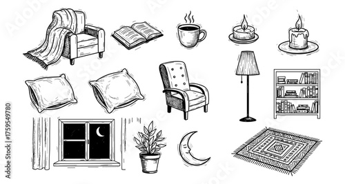 Cozy sketchy home essentials: candle, armchair, hot drink, books, pillows, and more
