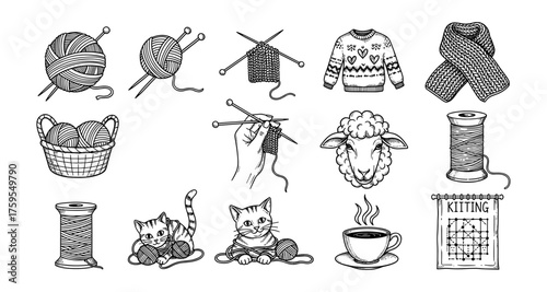 Knitting and yarn elements with cats, coffee, and sheep in black and white