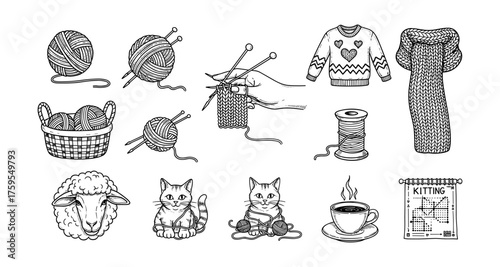Cozy knitting elements with cats, yarn, and sweaters in black and white linear art style
