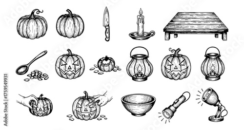 Hand-drawn halloween elements: pumpkins, lanterns, and rustic decor