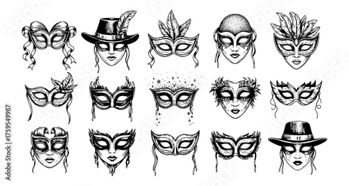 Elegant and intricate collection of vintage carnival and masquerade masks in black and white