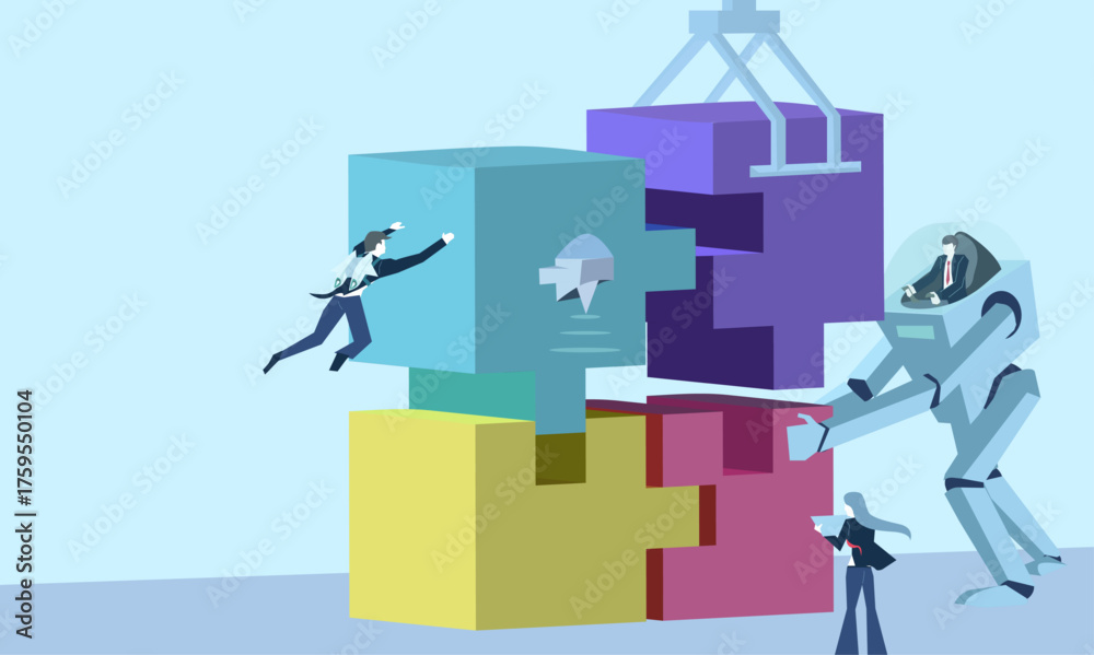 Fototapeta premium Business people using technology and AI solving a cube puzzle block illustration, business development problem solving and finding solutions. Copyspace blue background