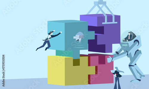 Business people using technology and AI solving a cube puzzle block illustration, business development problem solving and finding solutions. Copyspace blue background