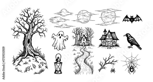 Spooky halloween sketch: ghostly trees, haunted houses, bats, spider webs, and more