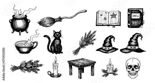 Hand-drawn witchy elements: magical objects and spooky symbols in vintage style