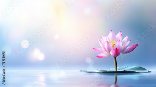 Lotus flower pink bloom on water surface with soft light and calm reflection creating peaceful and serene mood