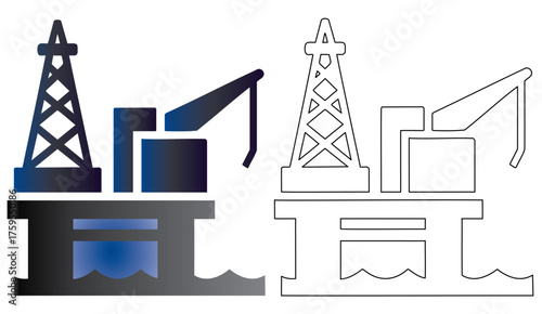 Offshore oil drilling platform in the ocean with blue water and yellow accents