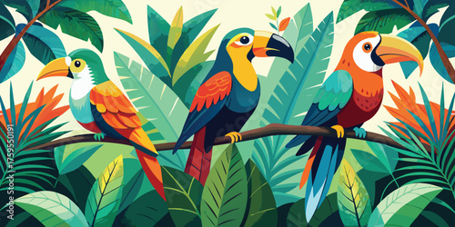 Vector art of three colorful toucans perched on a branch in a lush tropical forest
